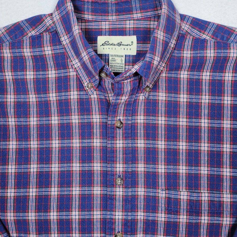 Eddie Bauer Blue Plaid Denim 100% Cotton Long Sleeve Shirt Jacket Size Large